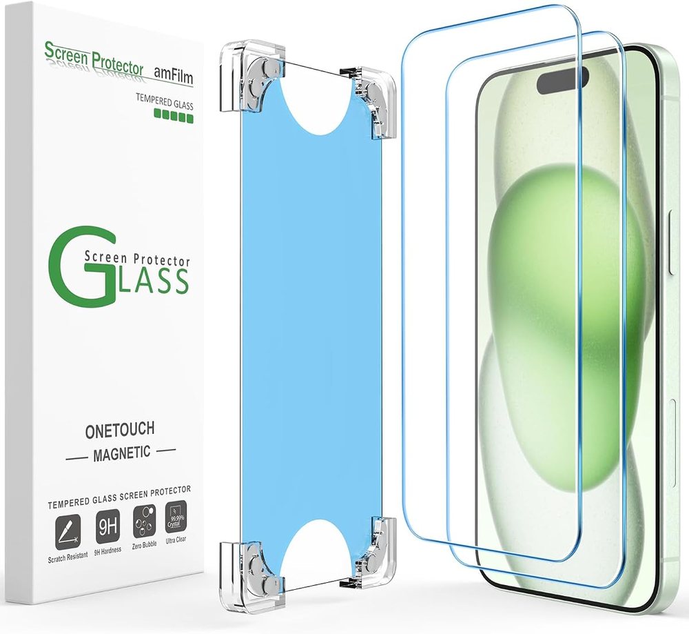 clear tempered glass screen protector for iPhone 15 Plus by amFilm