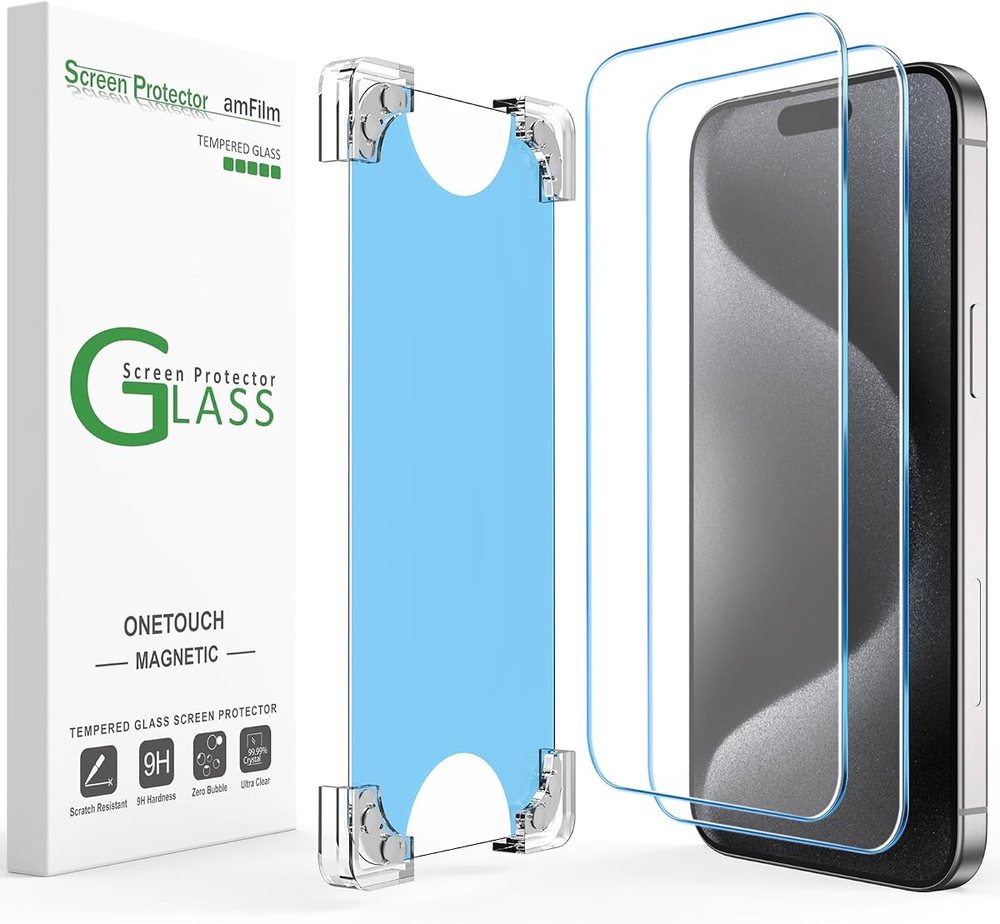 clear tempered glass screen protector for iPhone 15 Pro by amFilm